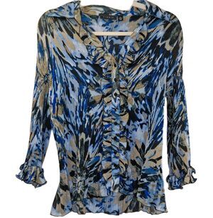 Sioni Ribbed Ruffle Button Front Blouse XL Blue Abstract Print Career Office